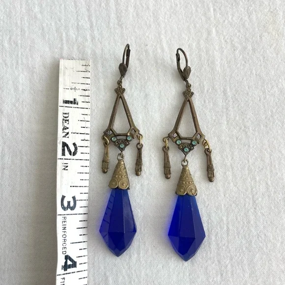 Vintage Czech Blue Glass, Brass & Rhinestone Art Deco Dangle Earrings - Picture 7 of 7